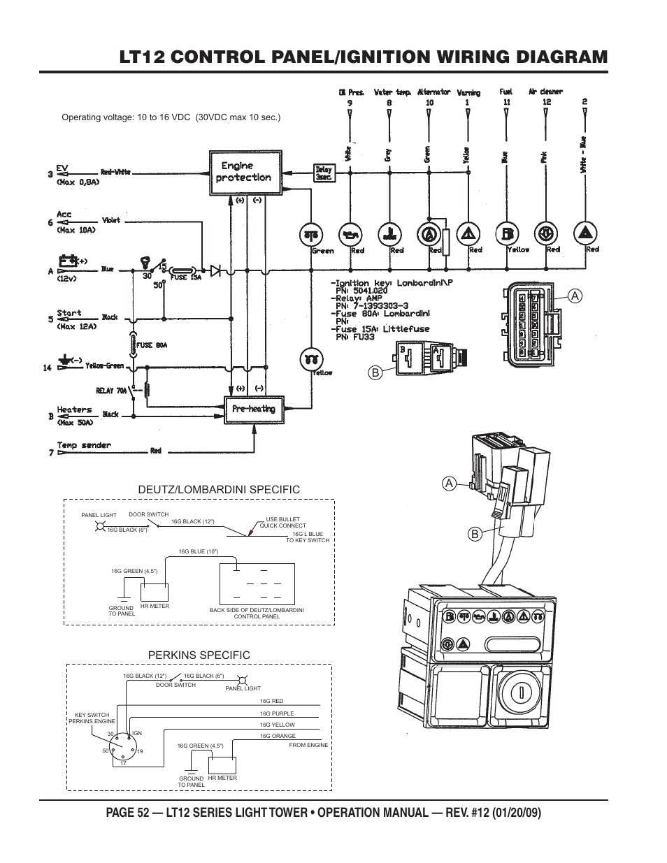 Lt12 control panel/ignition wiring diagram, Perkins specific, Deutz/lombardini specific | Multiquip LT12P User Manual | Page 52 / 68