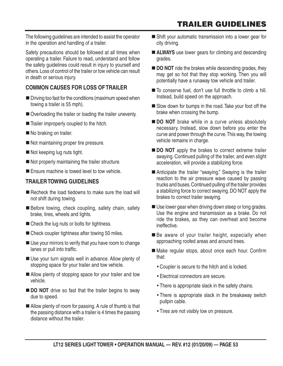 Trailer guidelines | Multiquip LT12P User Manual | Page 53 / 68