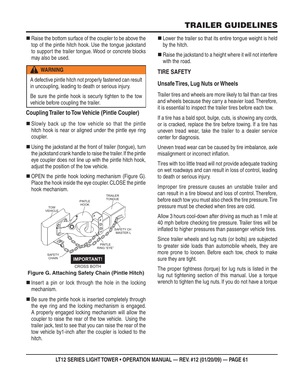 Trailer guidelines, Coupling trailer to tow vehicle (pintle coupler), Tire safety unsafe tires, lug nuts or wheels | Multiquip LT12P User Manual | Page 61 / 68