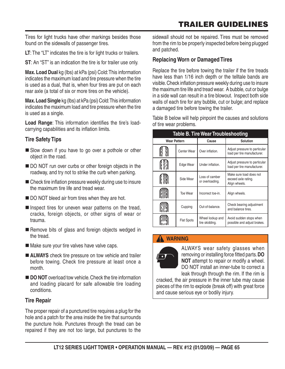 Trailer guidelines, Tire safety tips, Tire repair | Replacing worn or damaged tires | Multiquip LT12P User Manual | Page 65 / 68