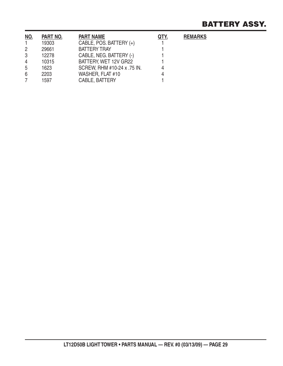 Battery assy | Multiquip LT12D50B User Manual | Page 29 / 40