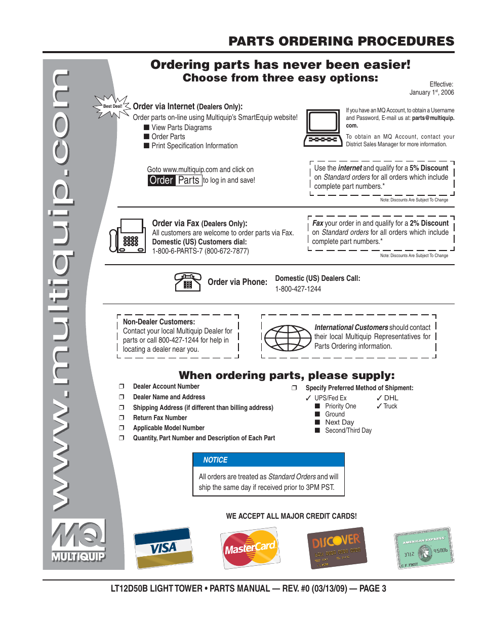 Parts ordering procedures, Ordering parts has never been easier, Choose from three easy options | When ordering parts, please supply, Order parts | Multiquip LT12D50B User Manual | Page 3 / 40