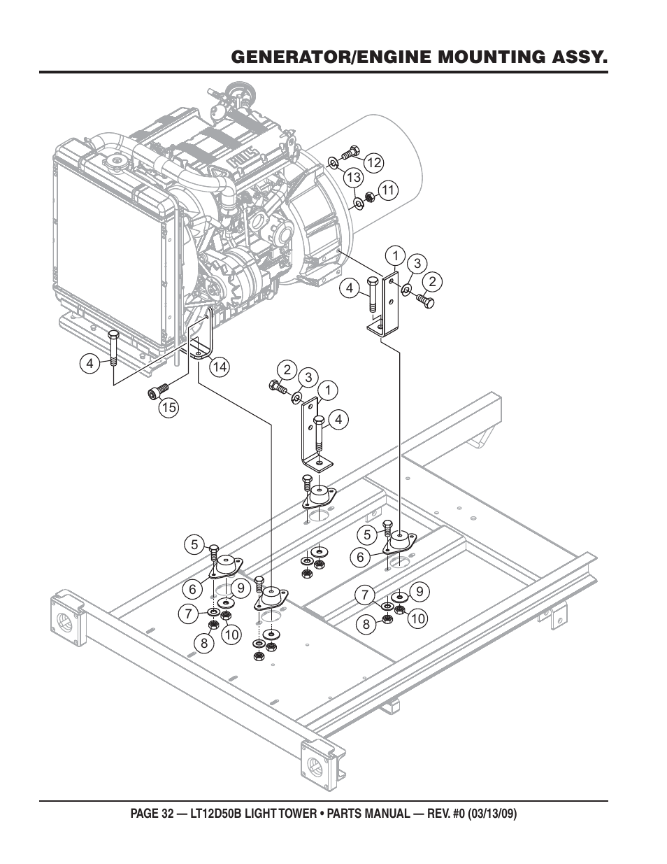 Generator/engine mounting assy | Multiquip LT12D50B User Manual | Page 32 / 40