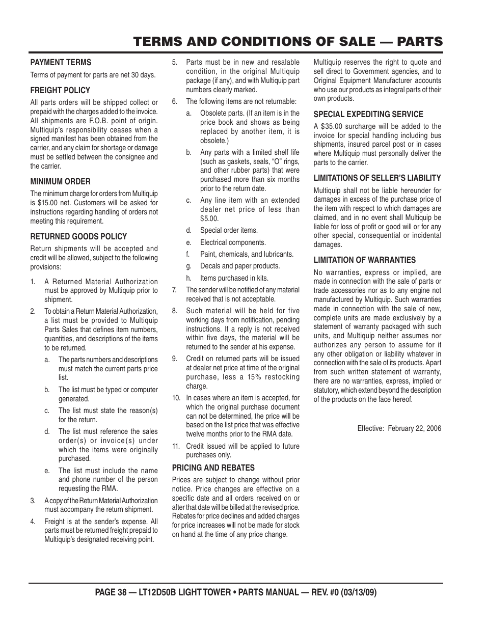 Terms and conditions of sale — parts | Multiquip LT12D50B User Manual | Page 38 / 40