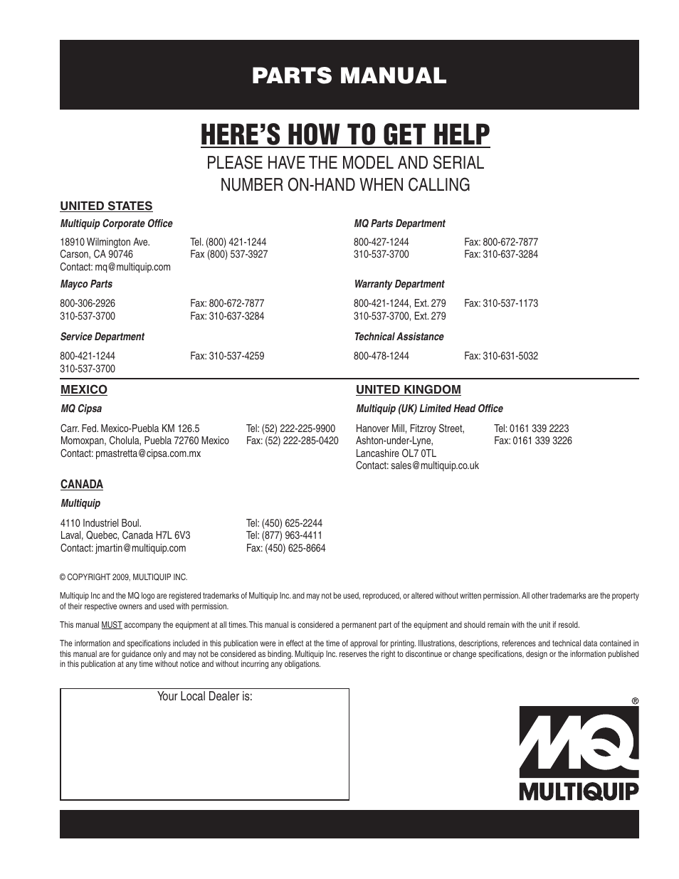 Here’s how to get help, Parts manual | Multiquip LT12D50B User Manual | Page 40 / 40