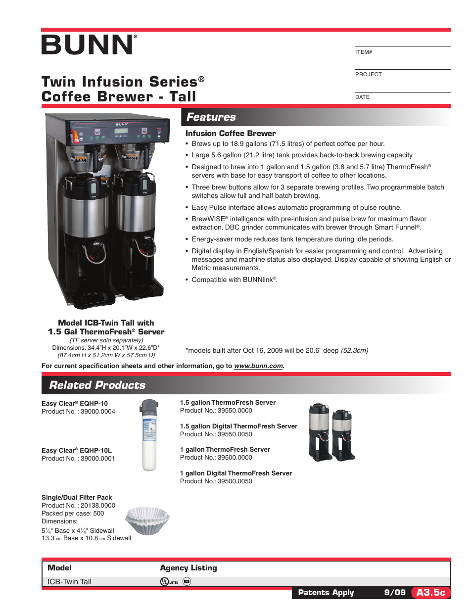 Bunn TWIN INFUSION SERIES ICB-TWIN TALL User Manual | 2 pages