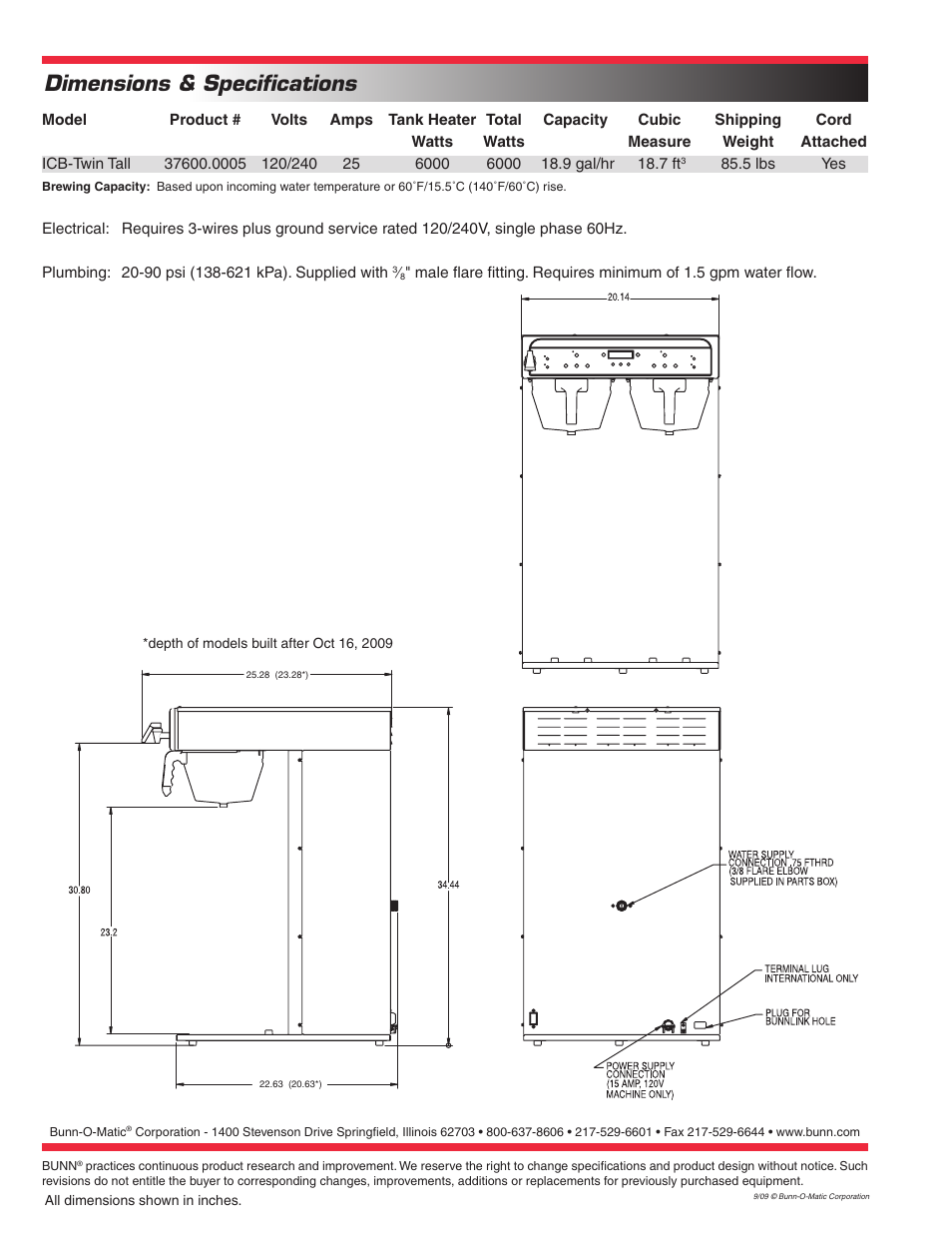 Dimensions & specifications | Bunn TWIN INFUSION SERIES ICB-TWIN TALL User Manual | Page 2 / 2