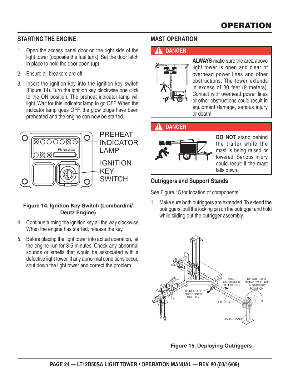 Operation, Ignition key switch preheat indicator lamp, Starting the engine | Mast operation outriggers and support stands | Multiquip T12D50SA User Manual | Page 24 / 62