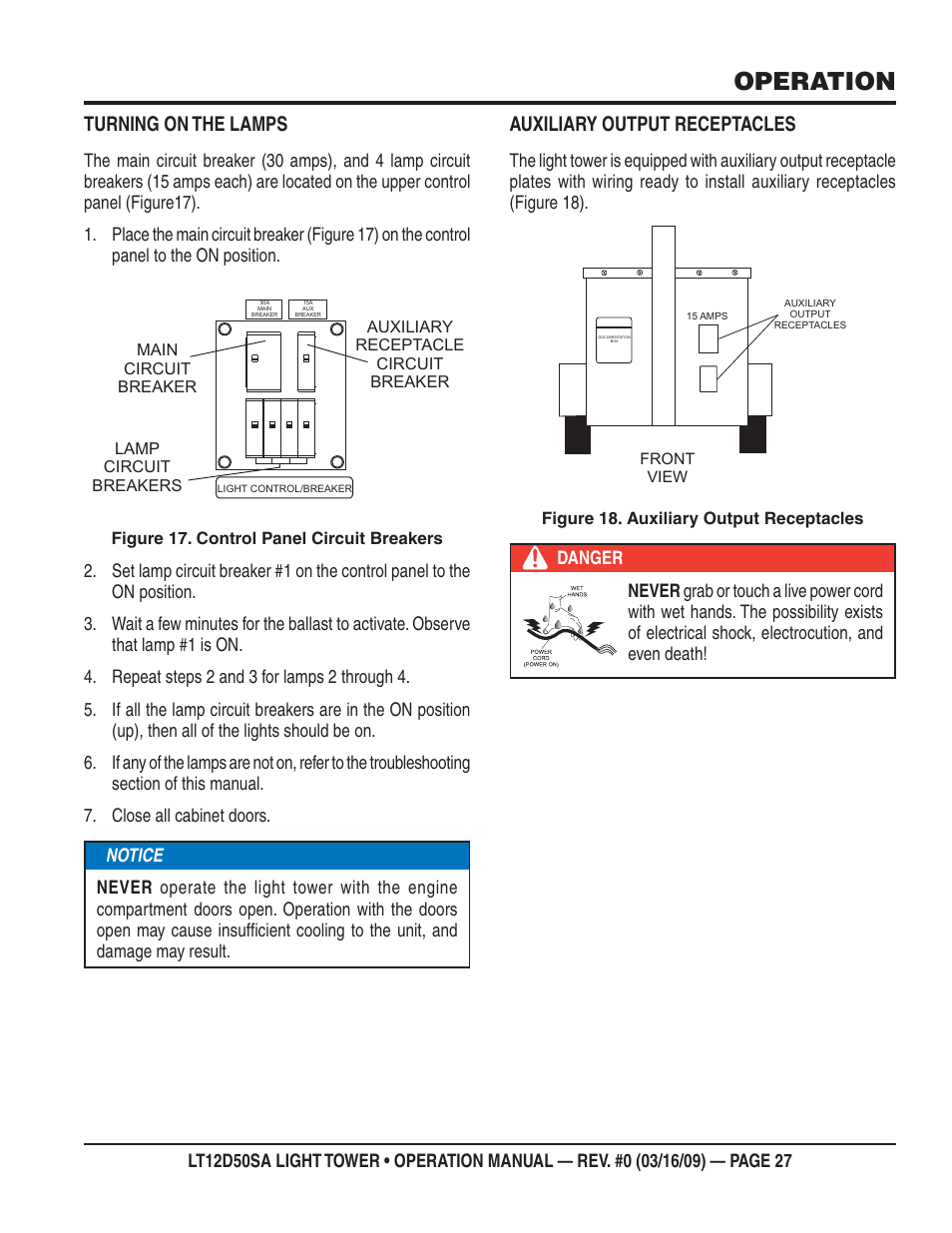 Operation, Turning on the lamps, Auxiliary output receptacles | Multiquip T12D50SA User Manual | Page 27 / 62