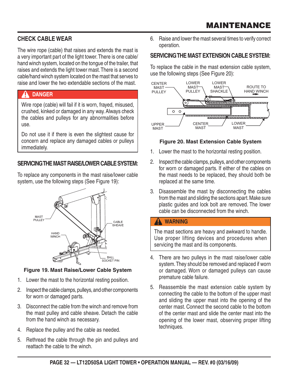 Maintenance, Check cable wear, Servicing the mast raise/lower cable system | Servicing the mast extension cable system | Multiquip T12D50SA User Manual | Page 32 / 62