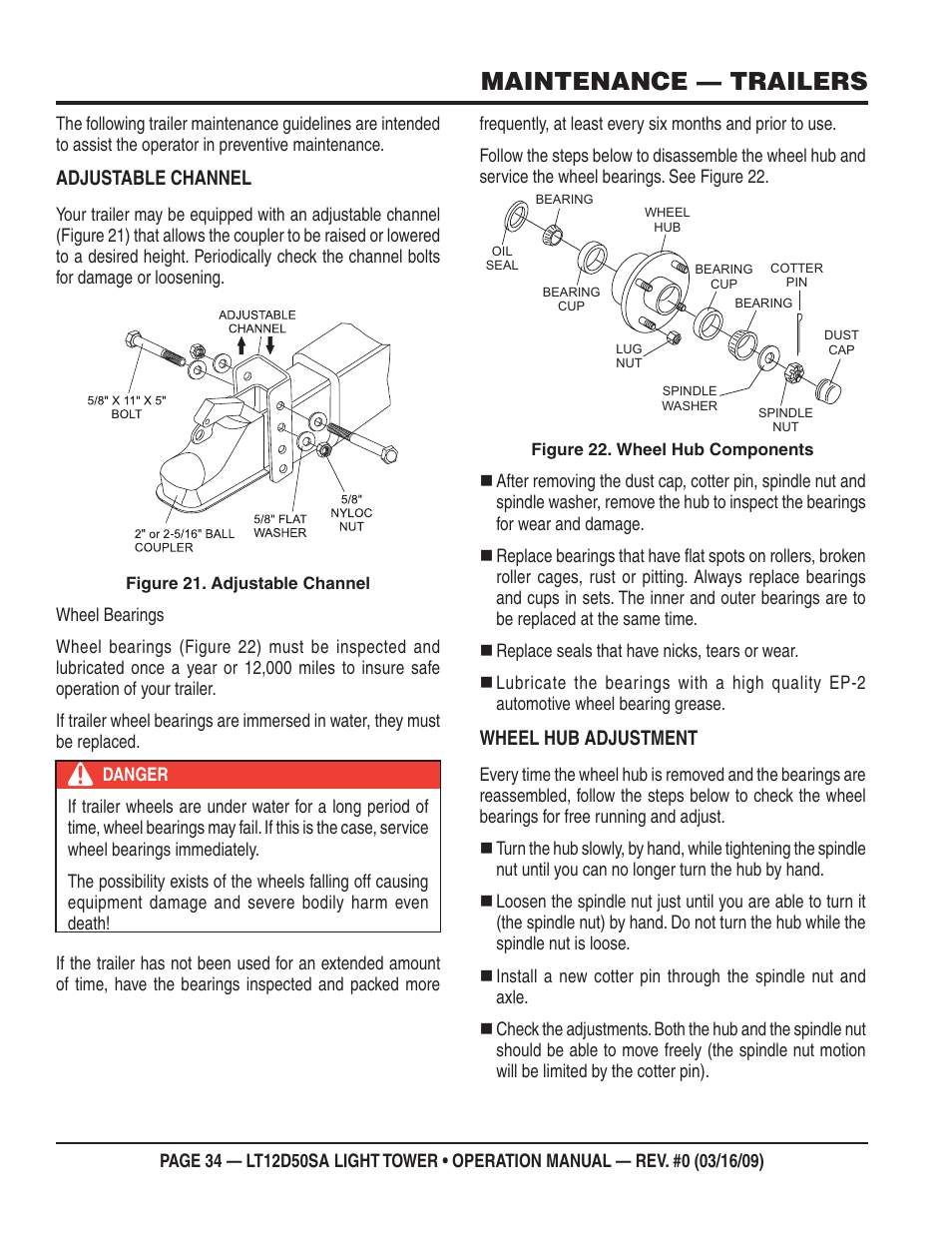 Maintenance — trailers, Adjustable channel, Wheel hub adjustment | Multiquip T12D50SA User Manual | Page 34 / 62