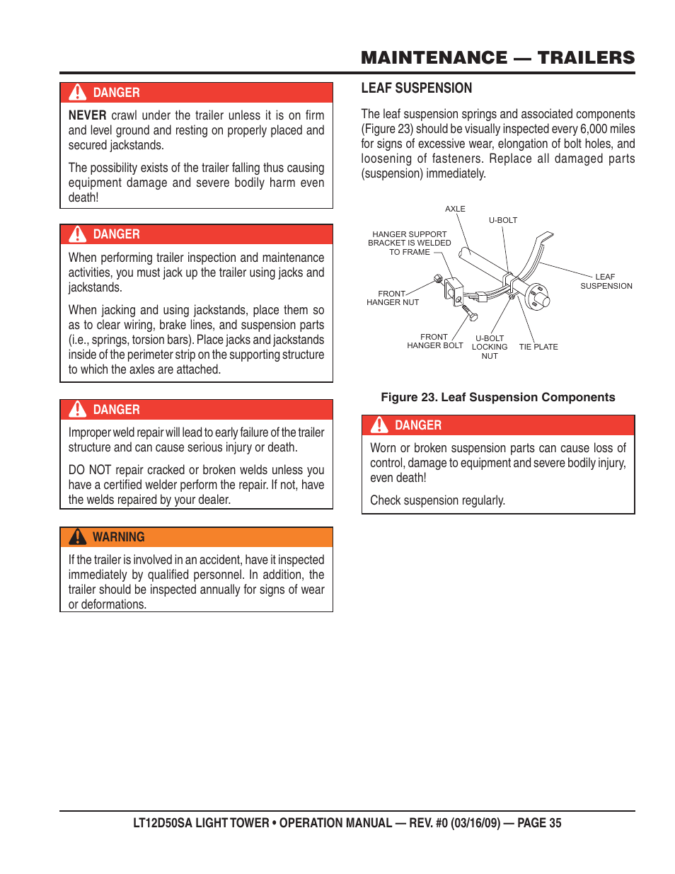 Maintenance — trailers, Leaf suspension | Multiquip T12D50SA User Manual | Page 35 / 62