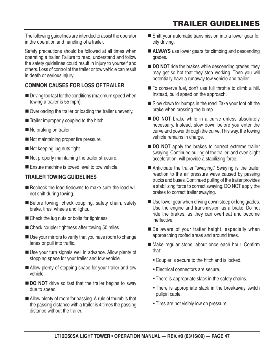 Trailer guidelines | Multiquip T12D50SA User Manual | Page 47 / 62