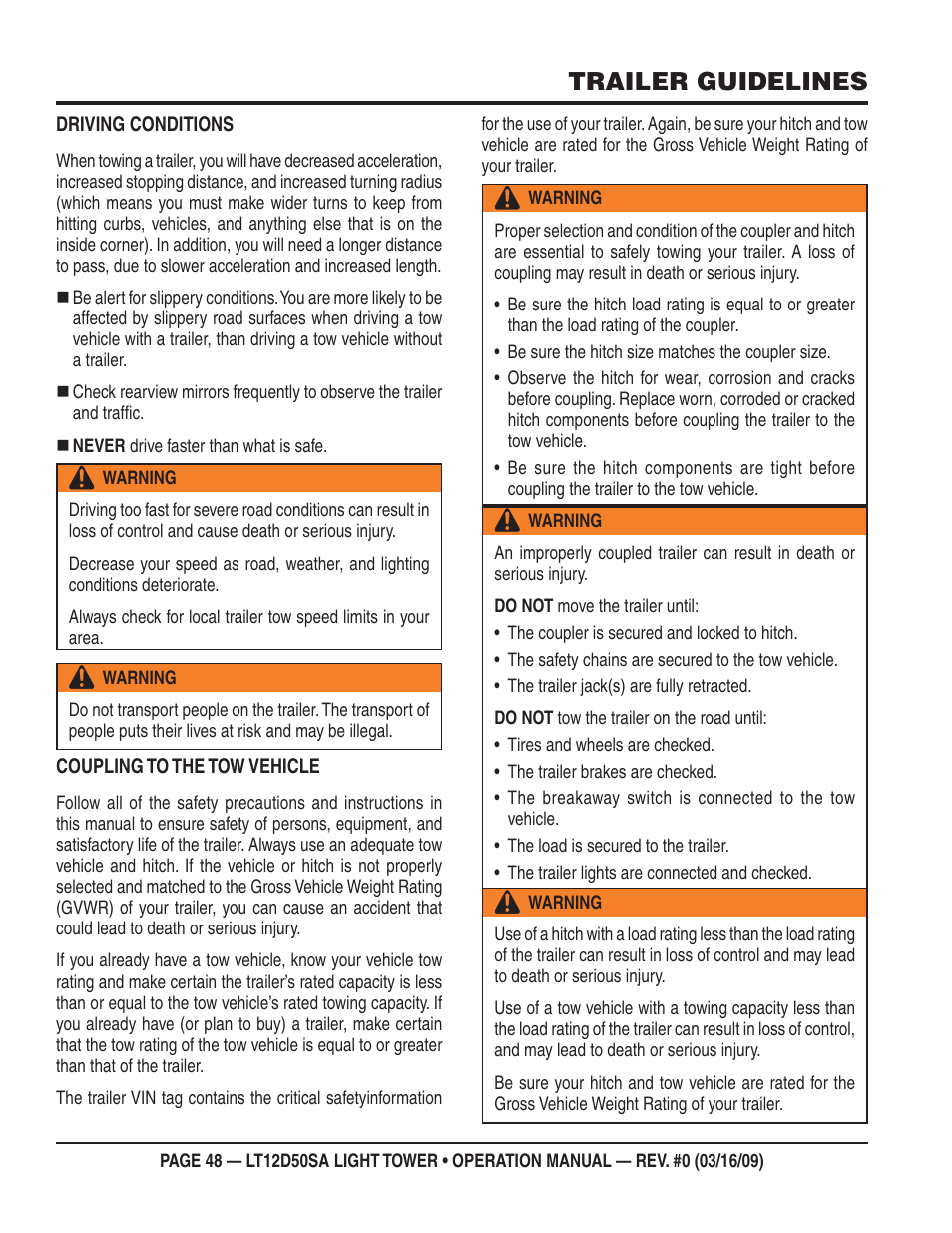 Trailer guidelines | Multiquip T12D50SA User Manual | Page 48 / 62