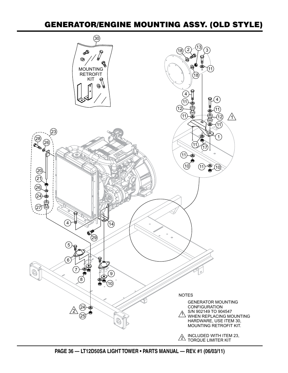 Generator/engine mounting assy. (old style) | Multiquip T12D50SA User Manual | Page 36 / 46