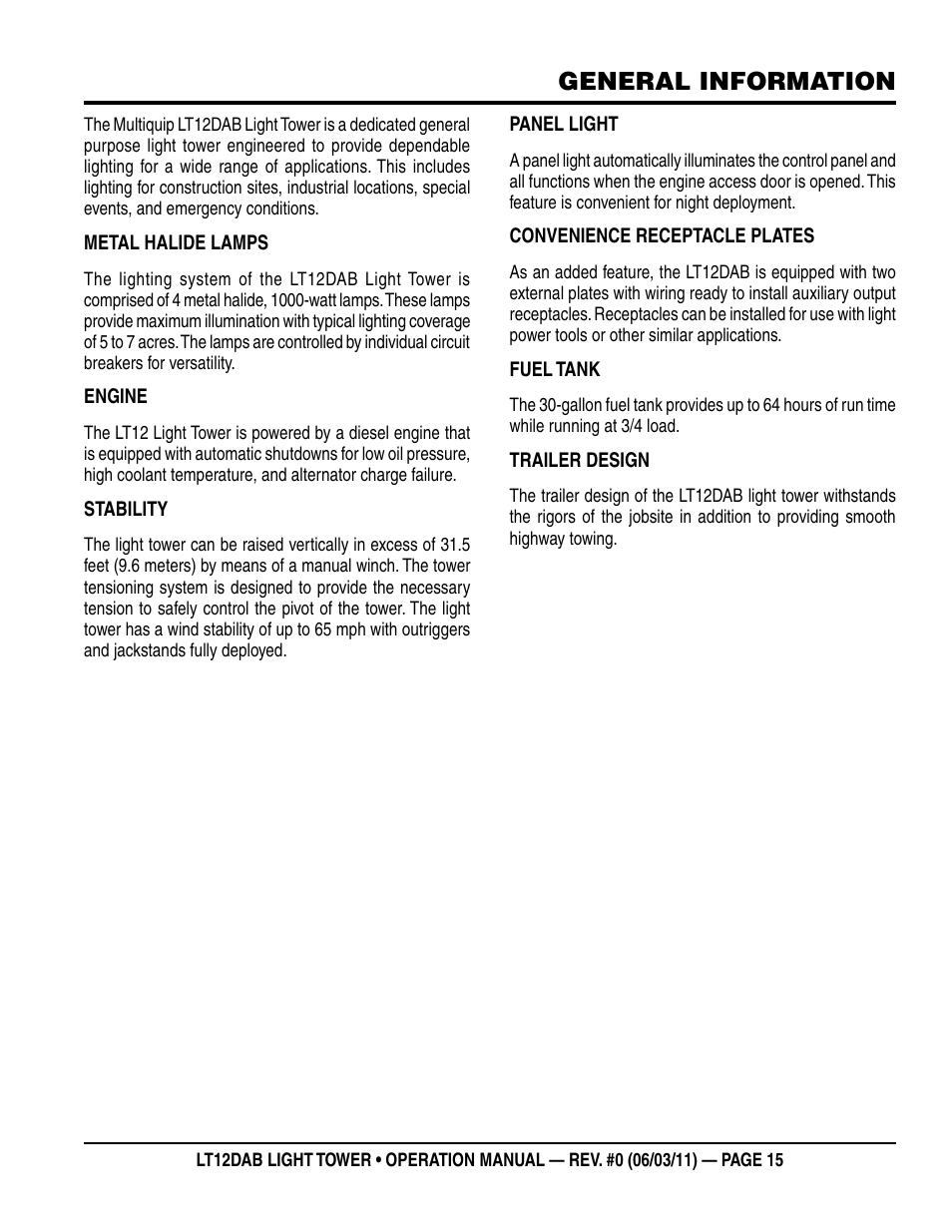 General information | Multiquip LT12DAB User Manual | Page 15 / 60