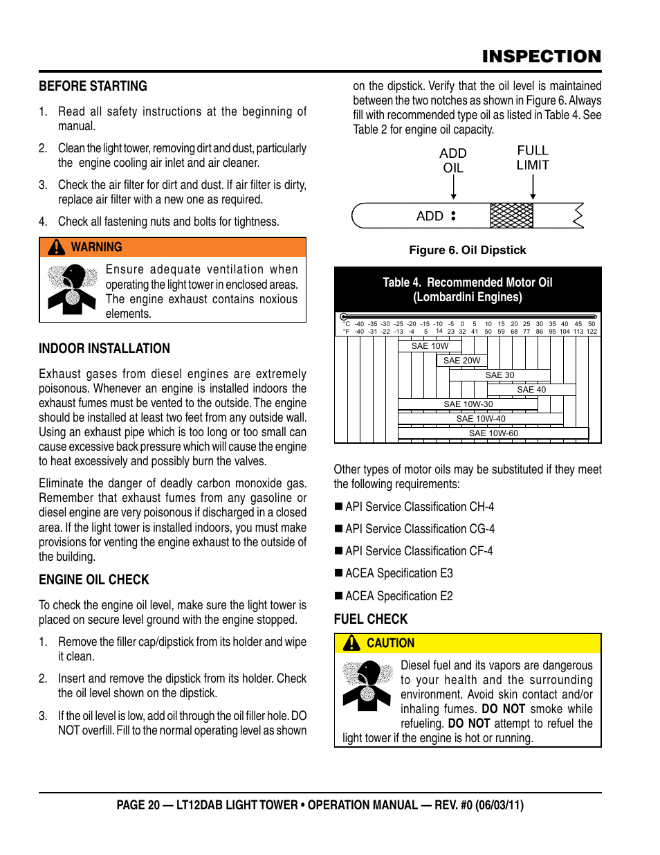Inspection, Before starting, Indoor installation | Engine oil check, Fuel check | Multiquip LT12DAB User Manual | Page 20 / 60