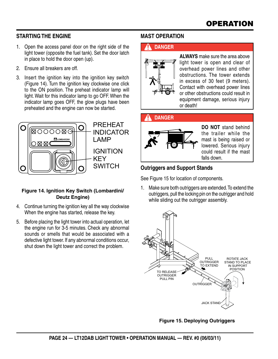 Operation, Ignition key switch preheat indicator lamp | Multiquip LT12DAB User Manual | Page 24 / 60