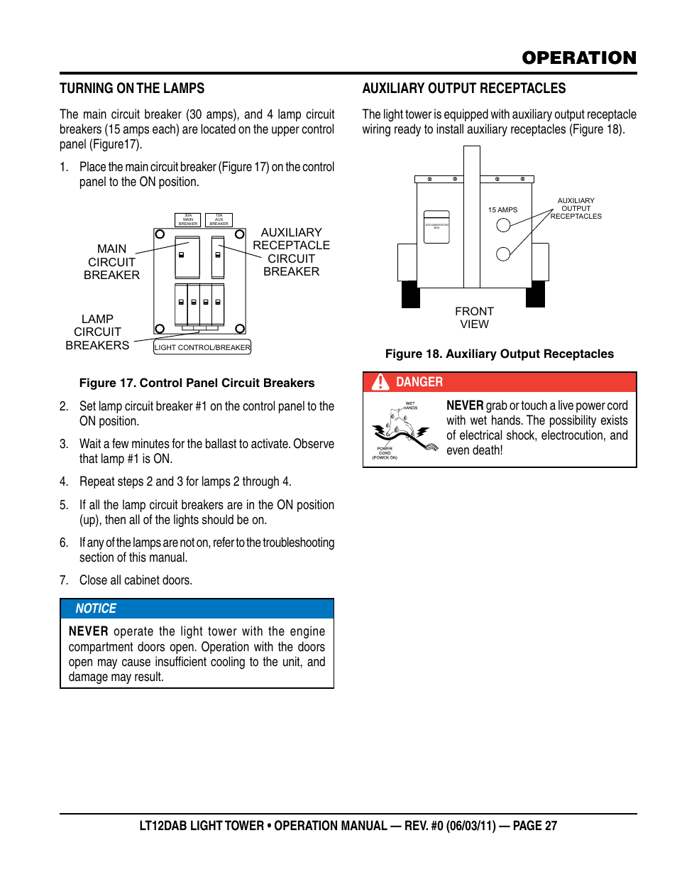 Operation, Turning on the lamps, Auxiliary output receptacles | Multiquip LT12DAB User Manual | Page 27 / 60
