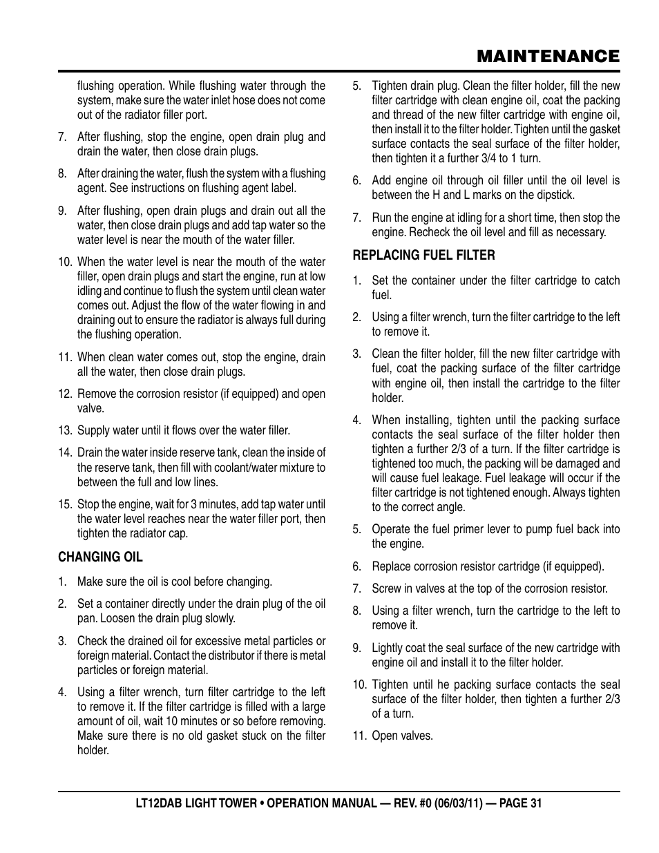 Maintenance | Multiquip LT12DAB User Manual | Page 31 / 60