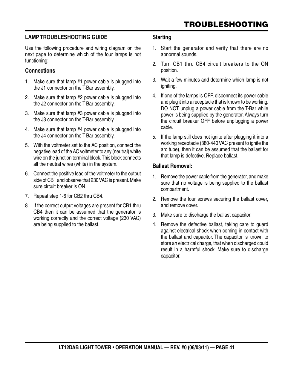 Troubleshooting | Multiquip LT12DAB User Manual | Page 41 / 60