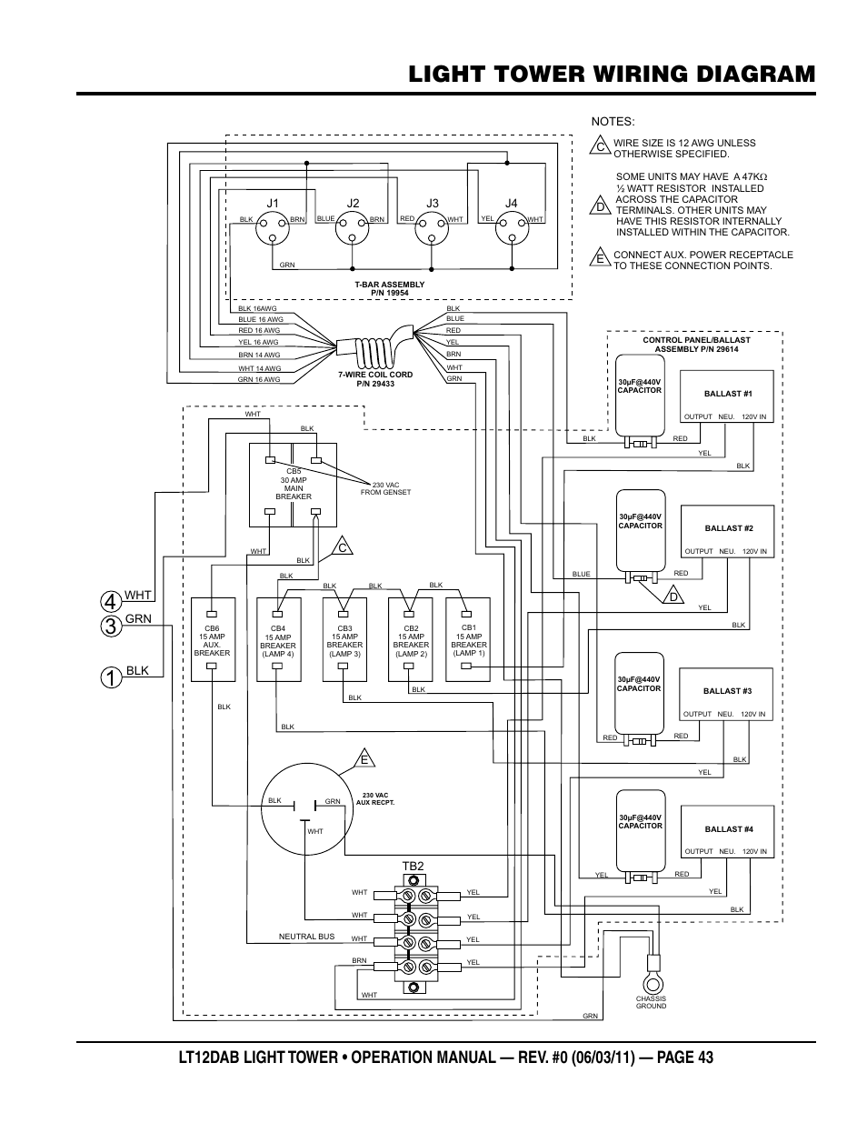 Light tower wiring diagram, Grn wht, J1 j2 j3 j4 | Multiquip LT12DAB User Manual | Page 43 / 60