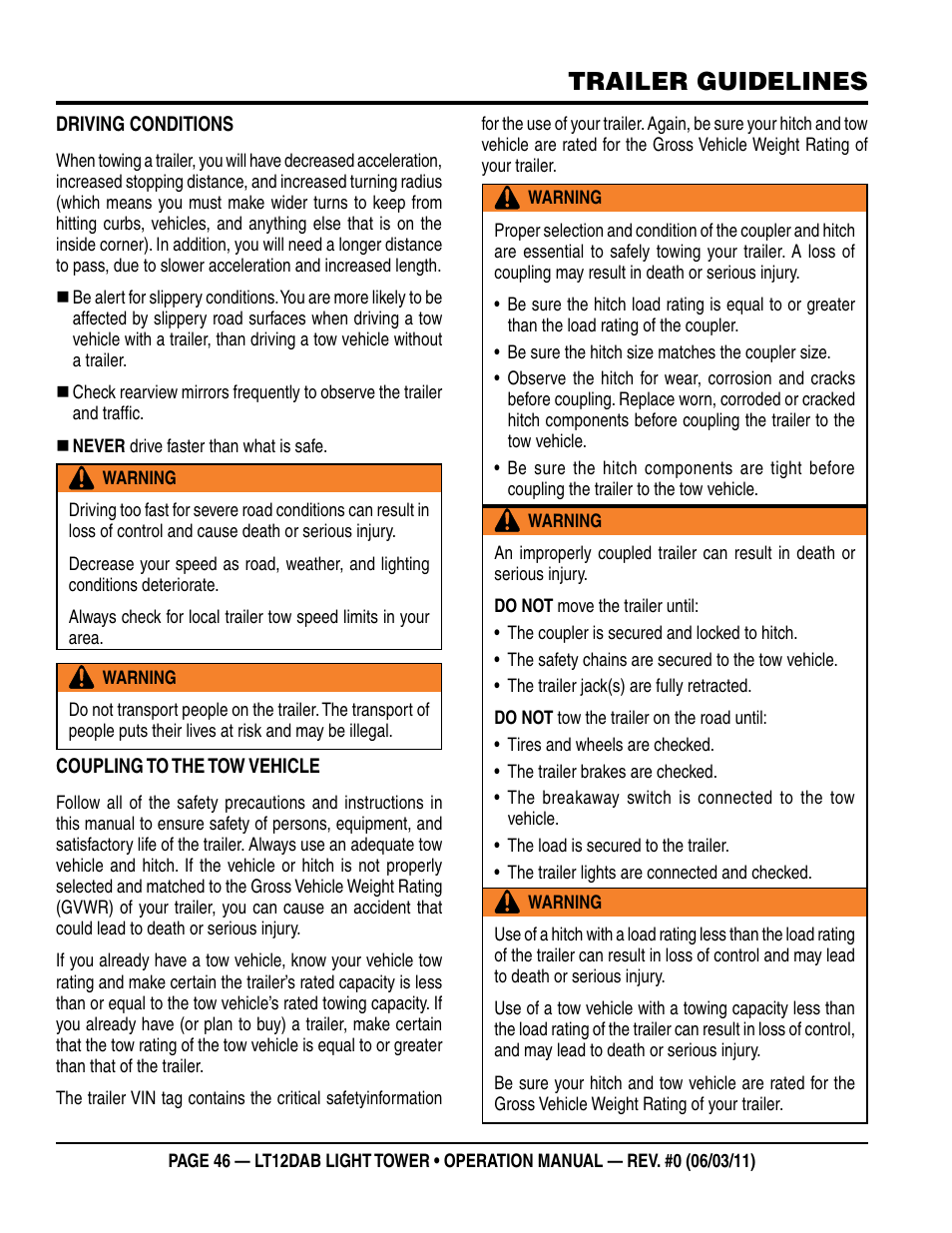 Trailer guidelines | Multiquip LT12DAB User Manual | Page 46 / 60