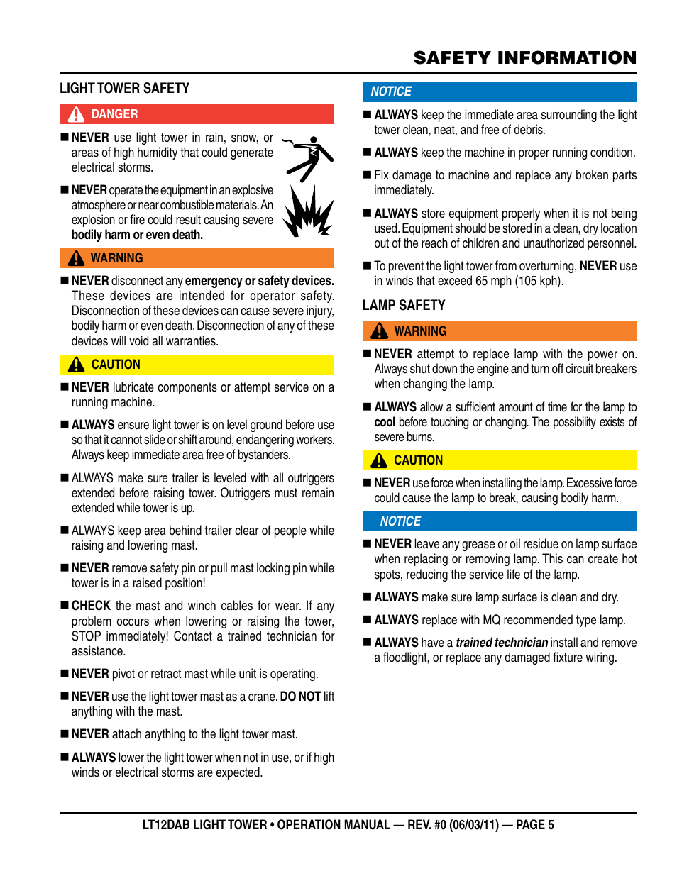 Safety information | Multiquip LT12DAB User Manual | Page 5 / 60