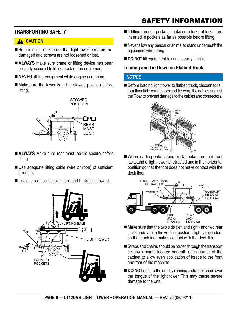 Safety information, Transporting safety, Loading and tie-down on flatbed truck | Multiquip LT12DAB User Manual | Page 8 / 60