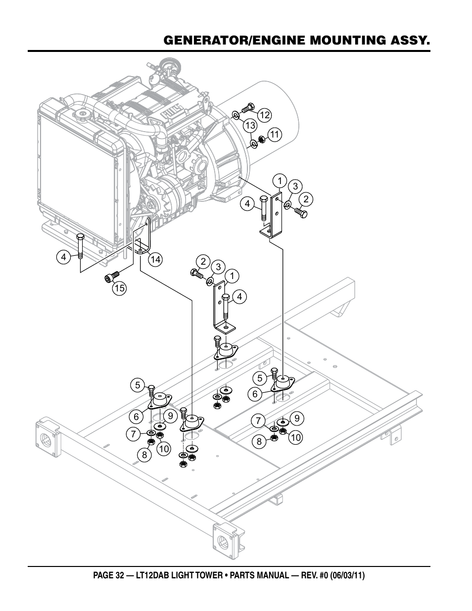 Generator/engine mounting assy | Multiquip LT12DAB User Manual | Page 32 / 40