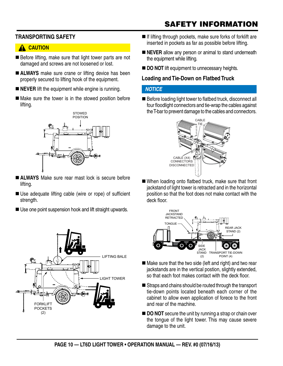 Safety information, Transporting safety, Loading and tie-down on flatbed truck | Multiquip LT6D User Manual | Page 10 / 70