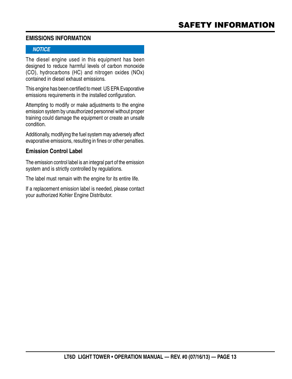 Safety information | Multiquip LT6D User Manual | Page 13 / 70