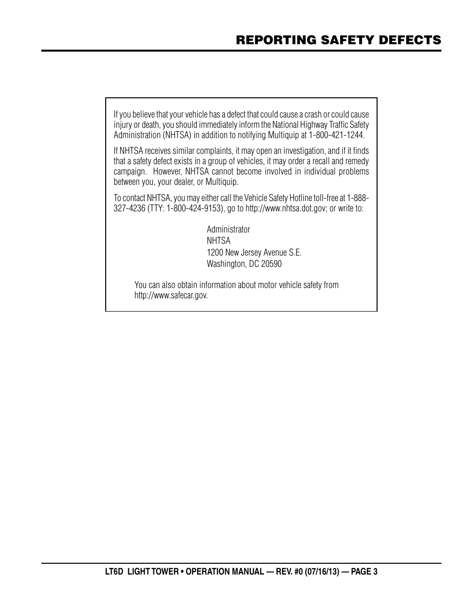 Reporting safety defects | Multiquip LT6D User Manual | Page 3 / 70