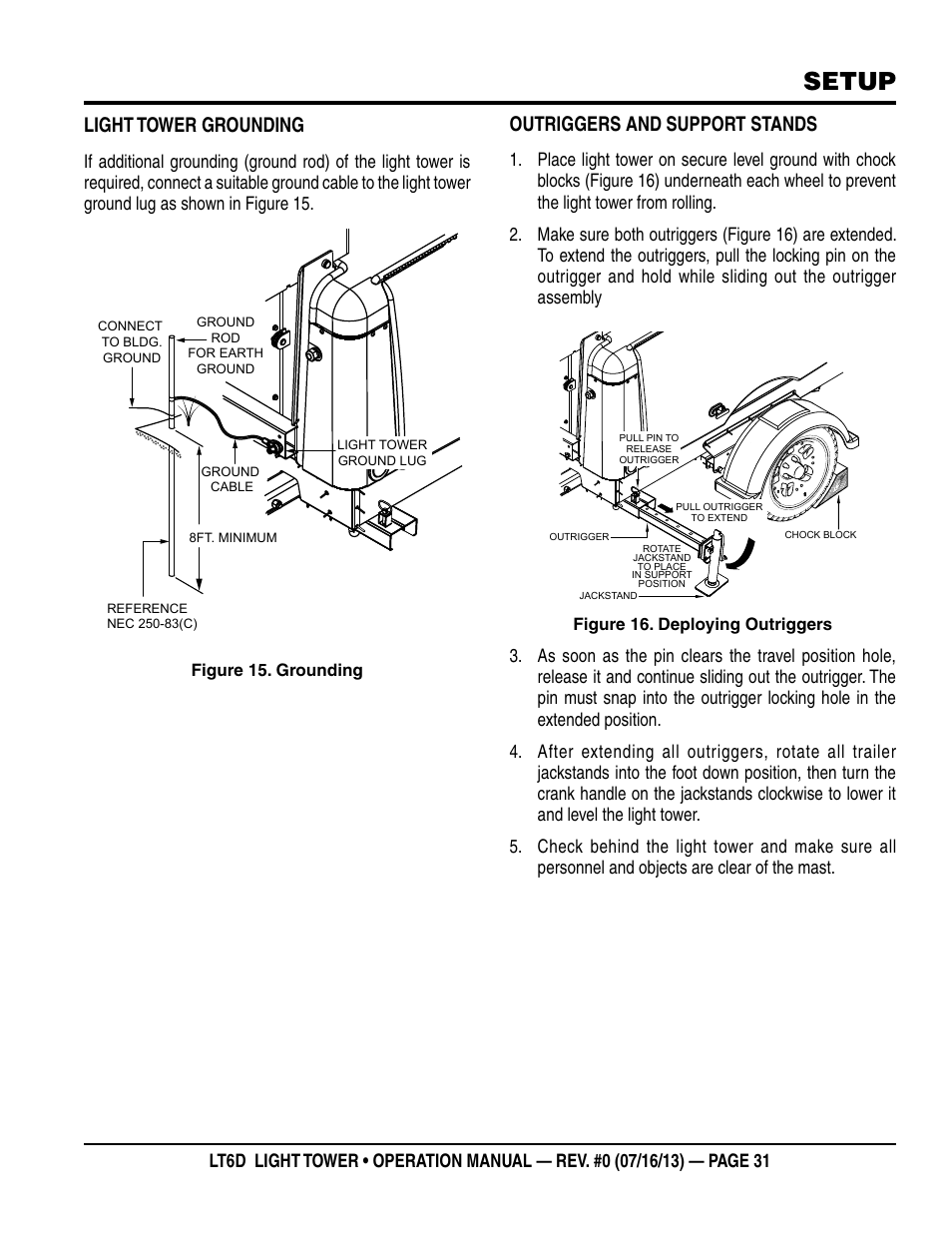 Setup, Light tower grounding, Outriggers and support stands | Multiquip LT6D User Manual | Page 31 / 70