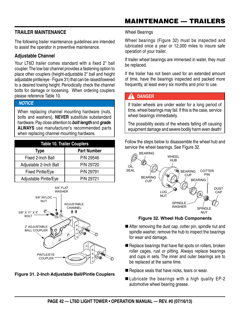 Maintenance — trailers, Trailer maintenance, Adjustable channel | Multiquip LT6D User Manual | Page 42 / 70