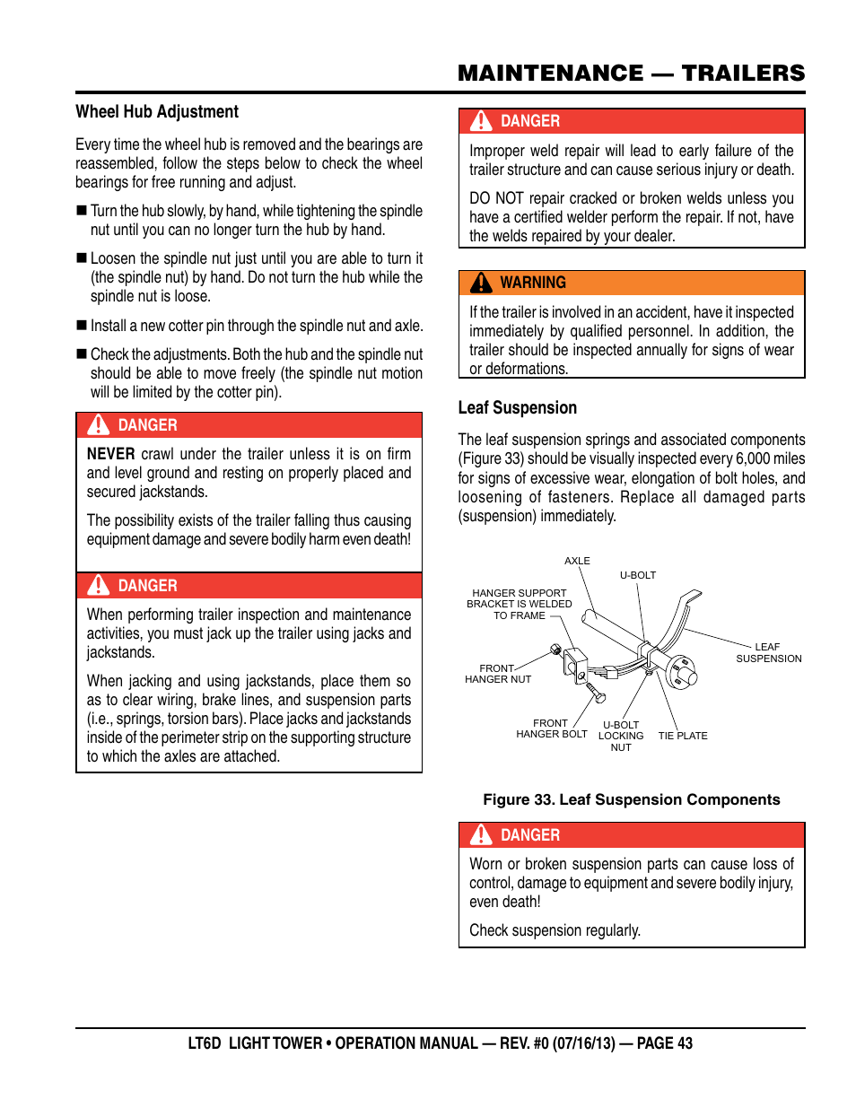 Maintenance — trailers | Multiquip LT6D User Manual | Page 43 / 70
