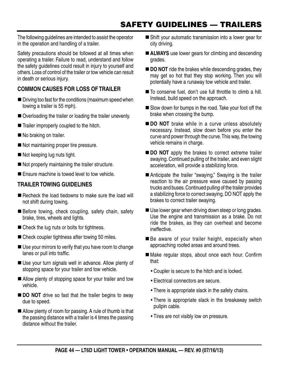 Safety guidelines — trailers | Multiquip LT6D User Manual | Page 44 / 70