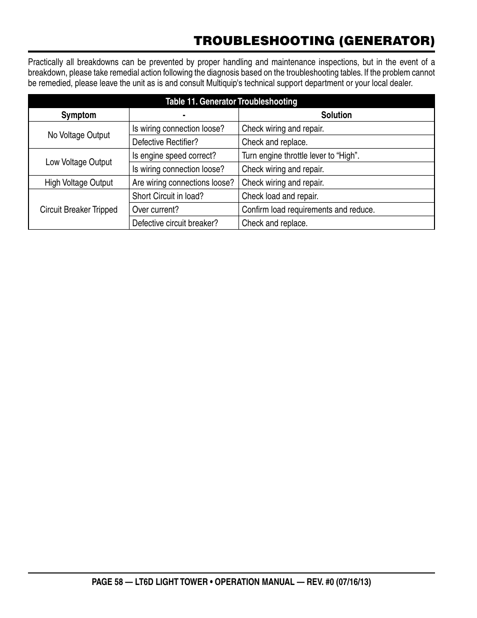 Troubleshooting (generator) | Multiquip LT6D User Manual | Page 58 / 70