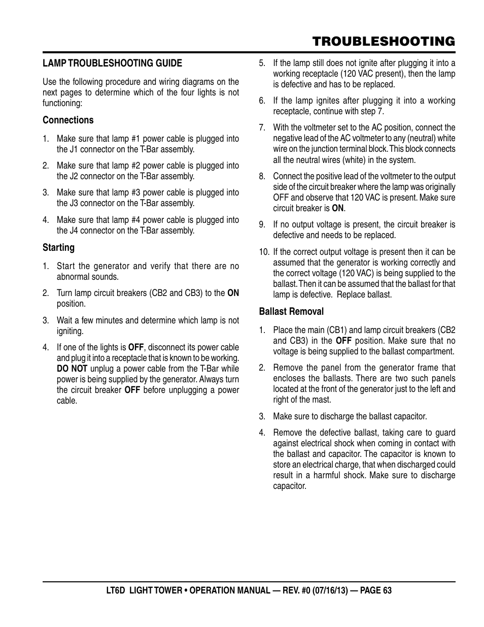 Troubleshooting | Multiquip LT6D User Manual | Page 63 / 70