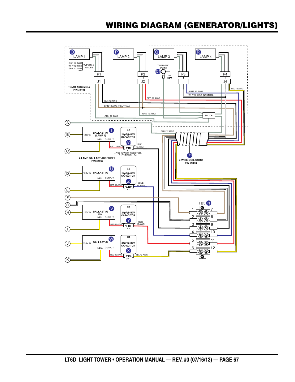 Wiring diagram (generator/lights), Tu v w a1 z | Multiquip LT6D User Manual | Page 67 / 70