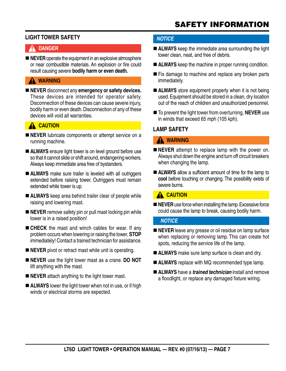 Safety information | Multiquip LT6D User Manual | Page 7 / 70