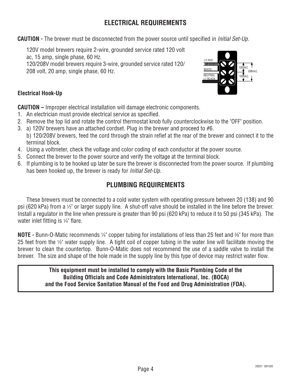 Electrical requirements, Plumbing requirements, Initial set-up | Bunn TNTF-3 User Manual | Page 4 / 30