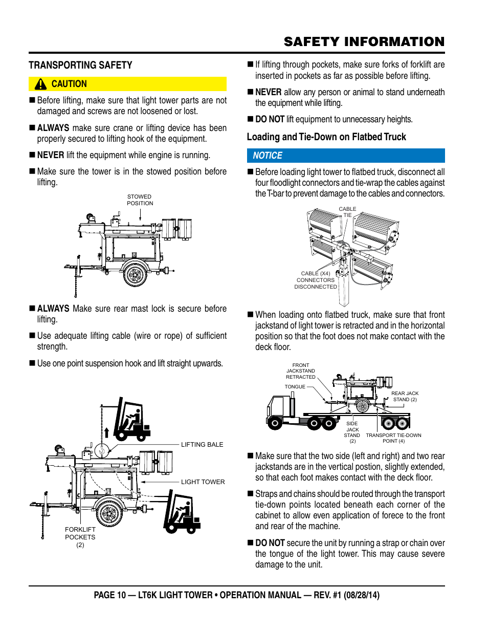 Safety information, Transporting safety, Loading and tie-down on flatbed truck | Multiquip LT6K User Manual | Page 10 / 70