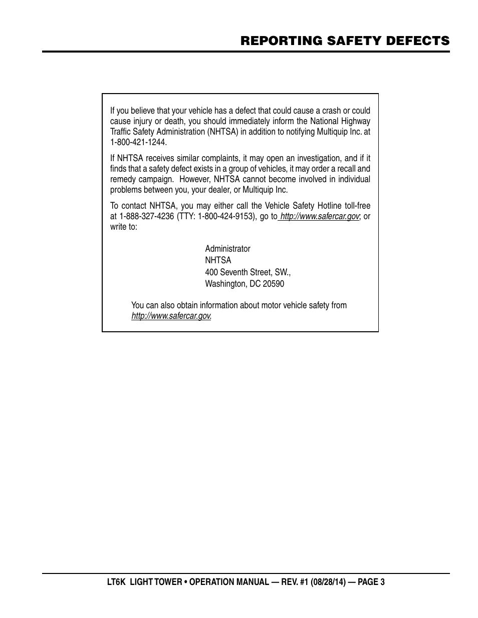 Reporting safety defects | Multiquip LT6K User Manual | Page 3 / 70