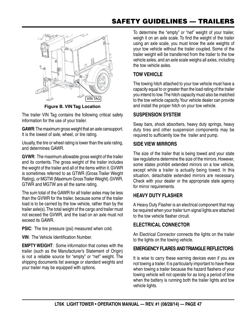 Safety guidelines — trailers | Multiquip LT6K User Manual | Page 47 / 70