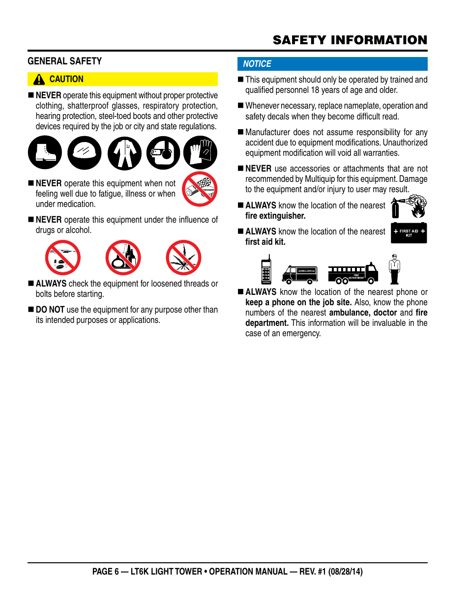 Safety information | Multiquip LT6K User Manual | Page 6 / 70