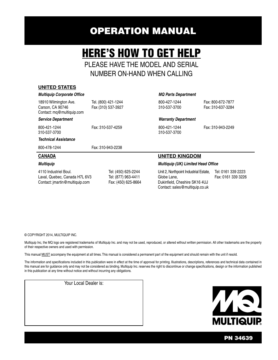 Here’s how to get help, Operation manual | Multiquip LT6K User Manual | Page 70 / 70