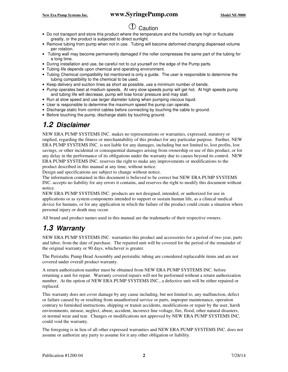 Disclaimer, Warranty | New Era NE-9000 Series Programmable Peristaltic User Manual | Page 10 / 65