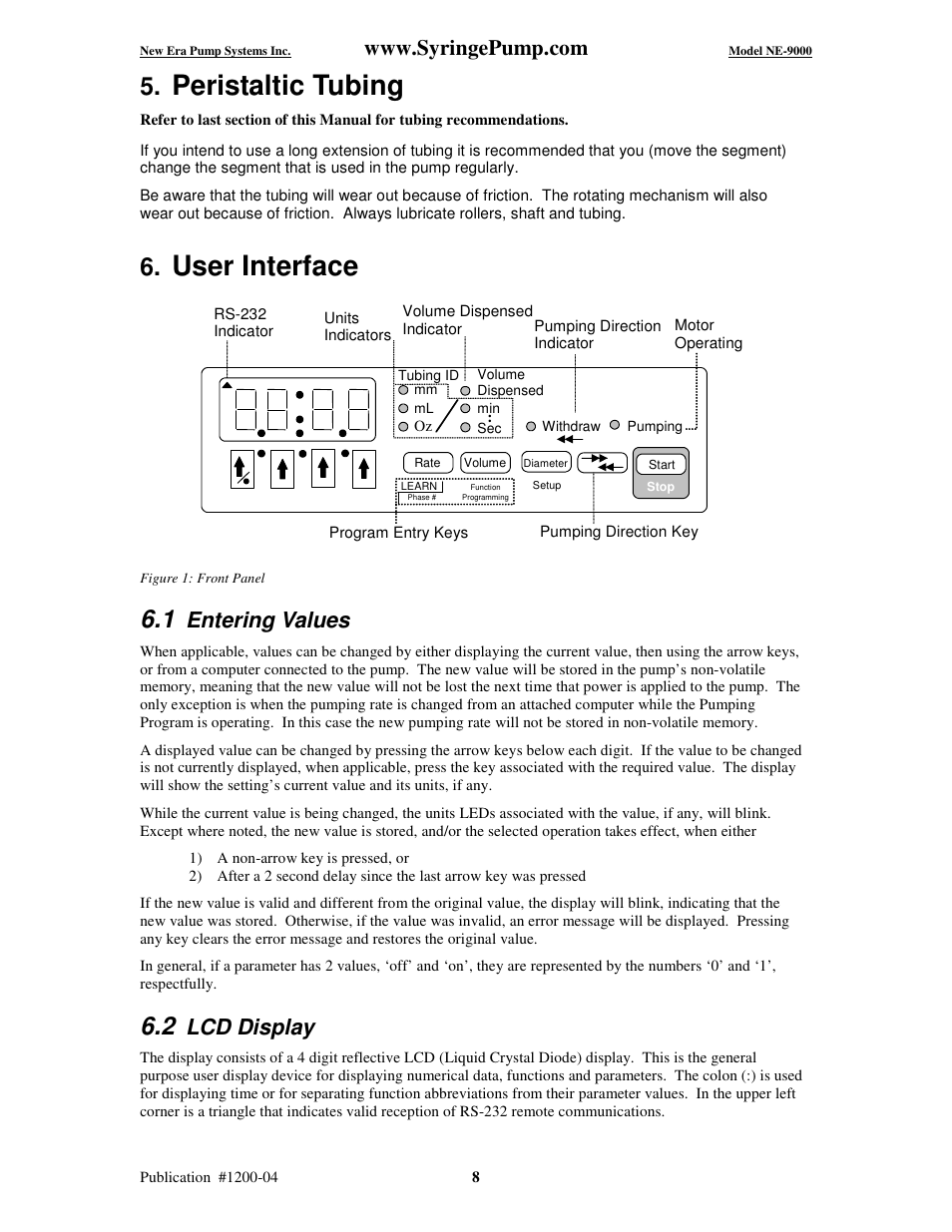 Peristaltic tubing, User interface, Entering values | Lcd display | New Era NE-9000 Series Programmable Peristaltic User Manual | Page 16 / 65