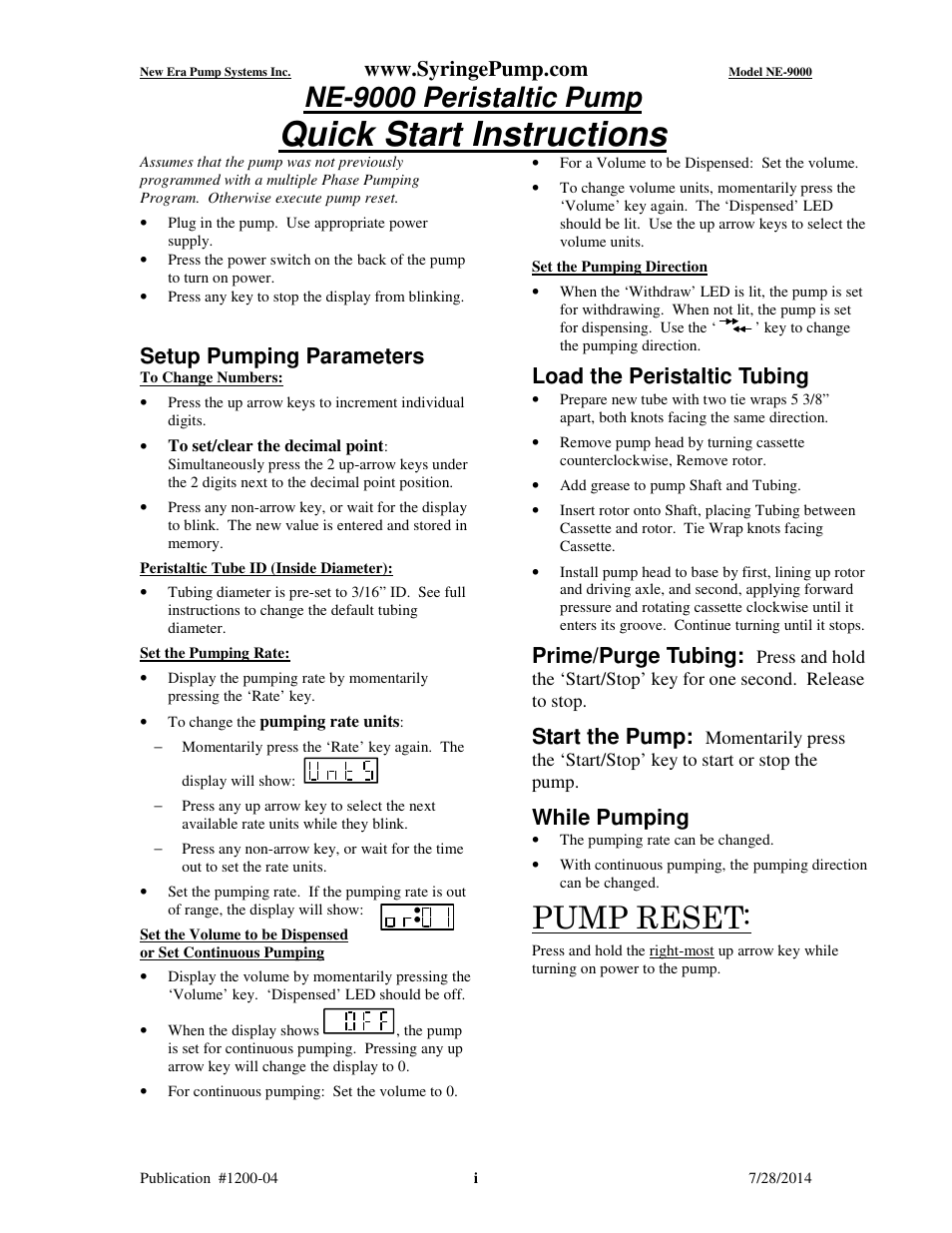 Quick start instructions, Pump reset, Ne-9000 peristaltic pump | Setup pumping parameters, Load the peristaltic tubing, Prime/purge tubing, Start the pump, While pumping | New Era NE-9000 Series Programmable Peristaltic User Manual | Page 2 / 65